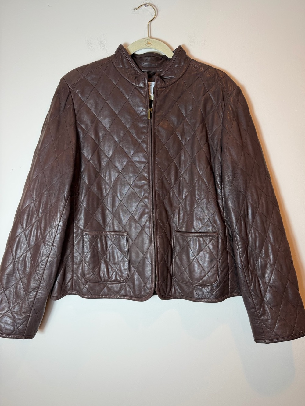 Charter Club Petites Brown Quilted Genuine Leather Jacket Size Large